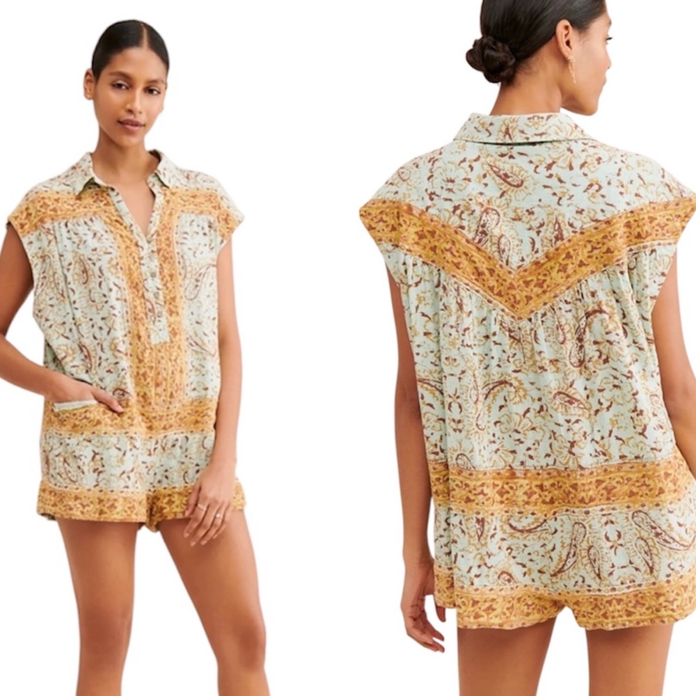 Free People Paisley Cotton Romper Blue Mustard Henley SleevelessWomen XS